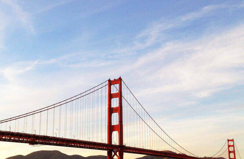 Sunset view of the Golden Gate Bridge from Crissy Field