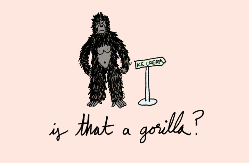 She's So Bright - What's Your Earliest Childhood Memory? Gorilla, monkey, primate, illustration, ice cream, memories, childhood.